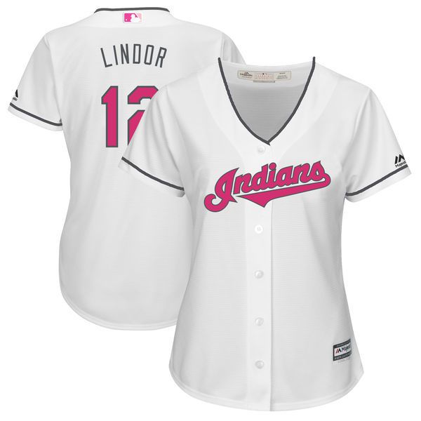 Women 2017 MLB Cleveland Indians #12 Lindor White White Mothers Day Jerseys->women mlb jersey->Women Jersey
